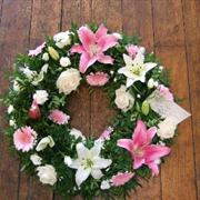 Funeral Flowers - Pink &amp; White Wreath