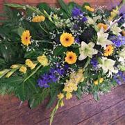 Funeral Flowers - Casket Spray in Purple and Yellow
