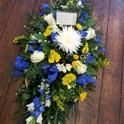Funeral Flowers - Lovely Spray in Blue Yellow and White
