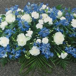 Funeral Flowers - White and Blue Casket Spray