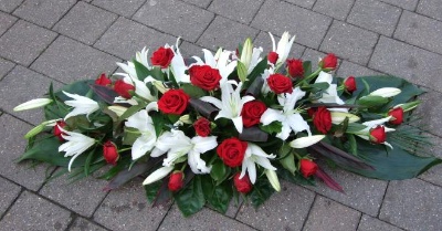 Funeral Flowers - A white lily and red rose spray